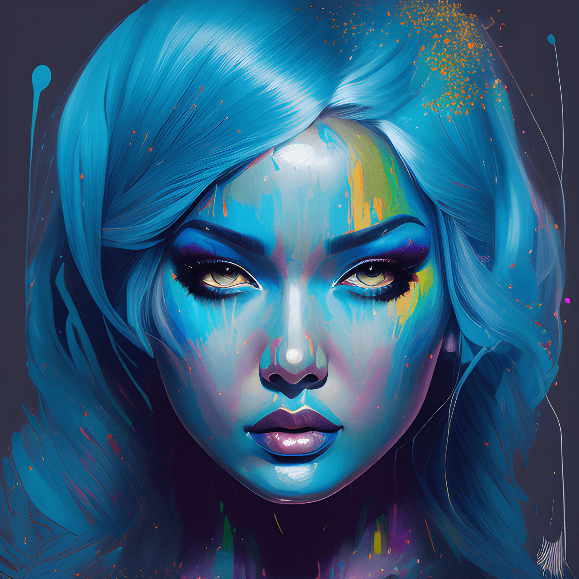 AI generated: a woman with blue hair and green makeup with glitter on her face, by Ross Tran, rossdraws pastel vib...