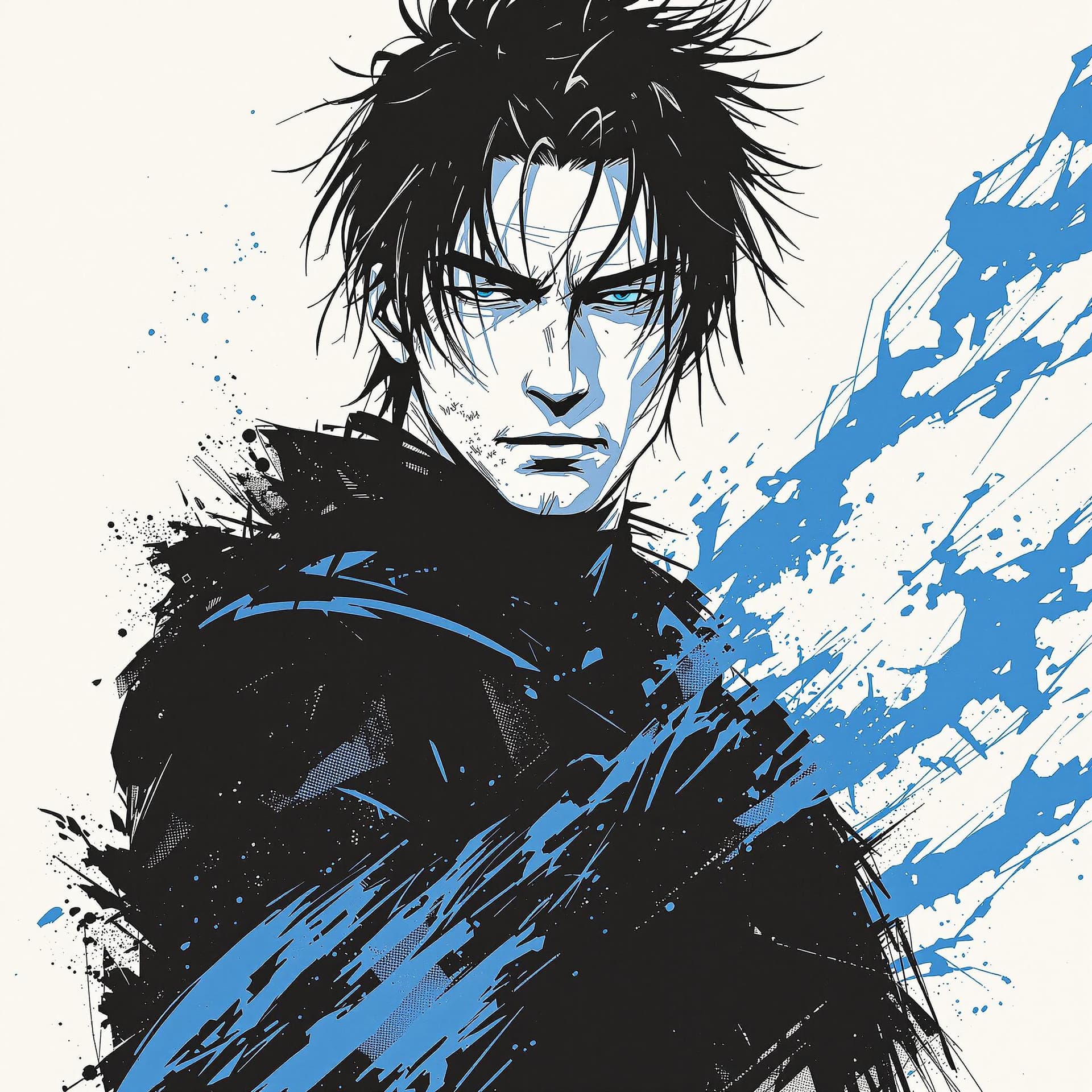 AI generated: movie poster, male character in black, white and blue, in the style of yoh nagao, light-focused --ar...