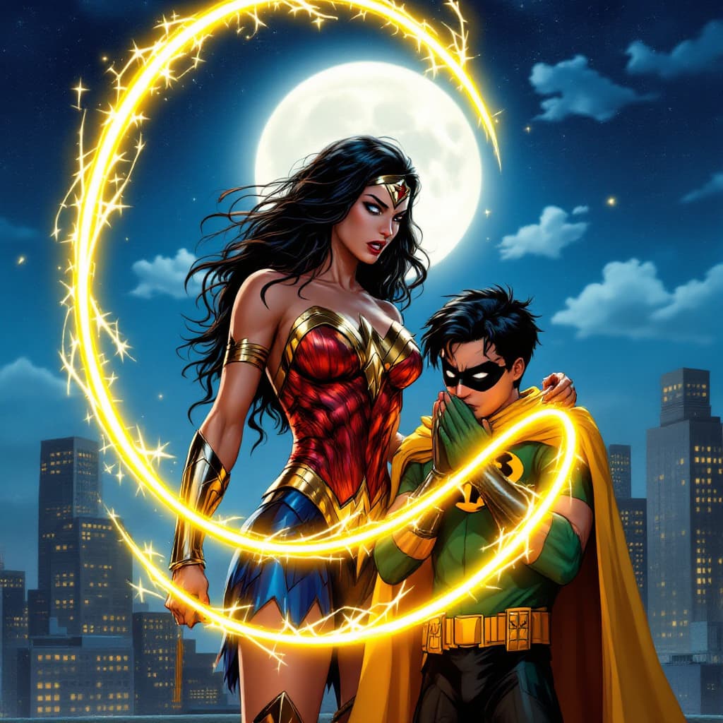 AI generated: Wonder Woman stands tall, her golden lasso glowing brightly as it coils tightly around Robin. The la...