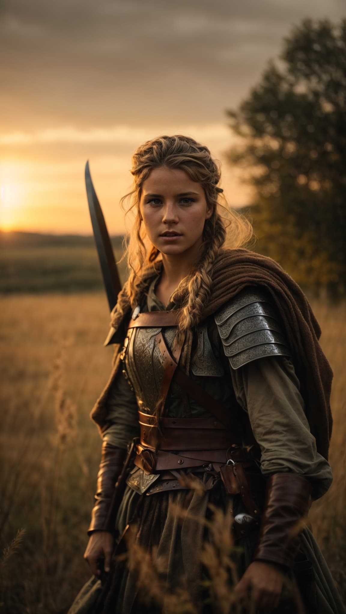 AI generated: The German warrior, with her long braided hair and piercing blue eyes, blends into the lush greenery...