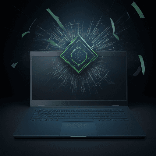 AI generated: front view, high digital art image a laptop punched with big baseball bat, a lot of money is flying ...