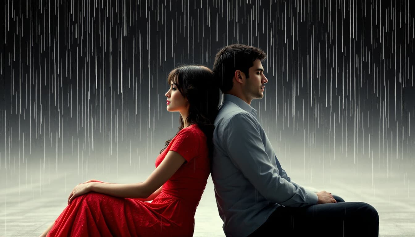 AI generated: A woman and a man are sitting with their backs pressed against each other. She is wearing a red dres...