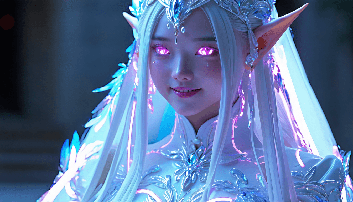 AI generated: Close-up portrait of a young, white shiny-skinned female figure, with striking, glowing magenta eyes...
