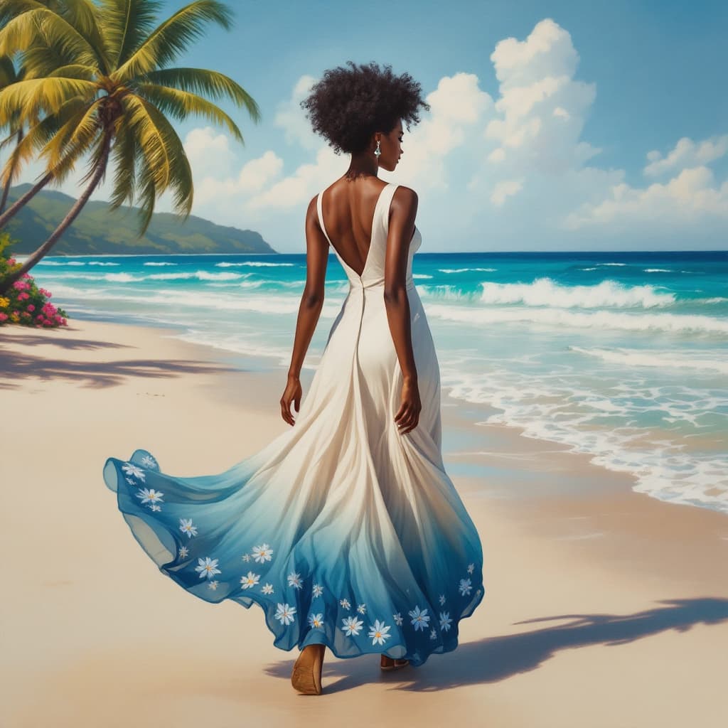 AI generated: On a beautiful tropical beach, an elegant Afro-American lady is facing you, wearing an ombre flowing...