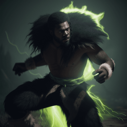 AI generated: Slavers shoot at a black man wearing wolf pelt as he fights with green glowing magic, hyper-realism,...