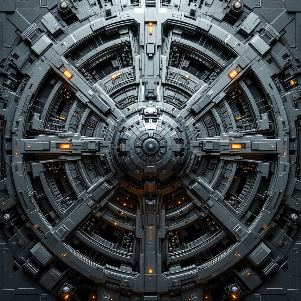 AI generated: technical sci-fi panel of alien spaceship with numerous curved asymmetrical details, hyper realistic...