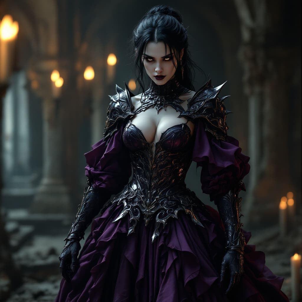 AI generated: A fierce, Vampire Female, Black Hair and Pale skin, stands fierce in a old forgotten crypt illuminat...