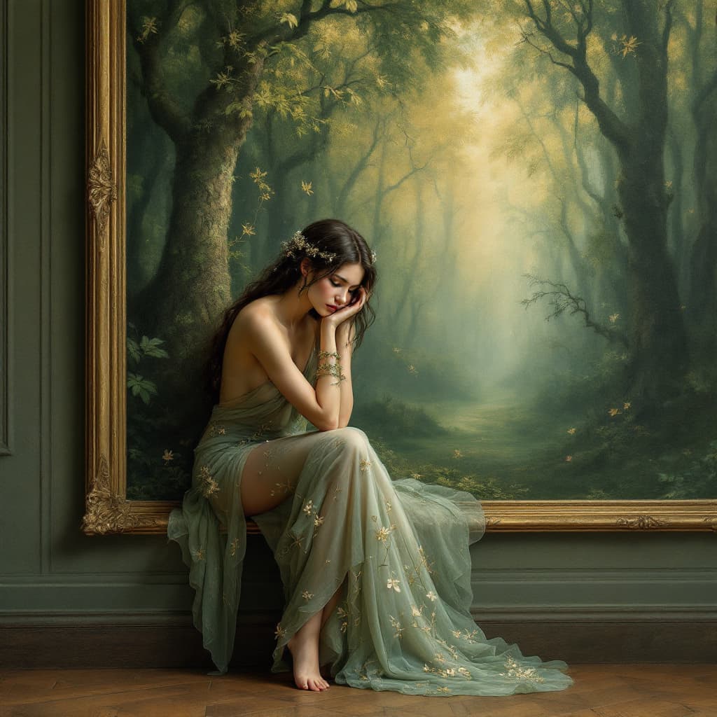 AI generated: A majestic painting in an art gallery features a mystical forest scene with an ethereal nymph. Encha...
