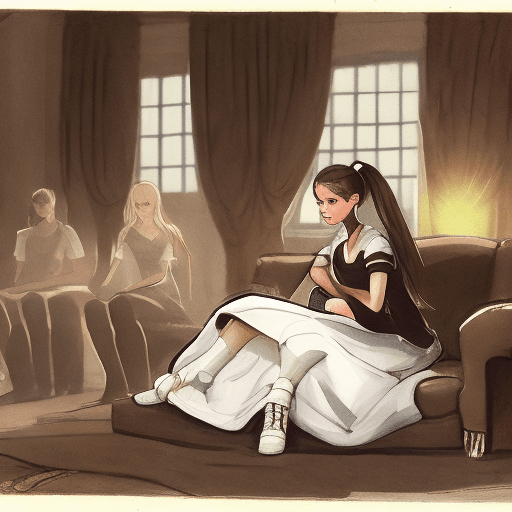AI generated: 15 year old girl, black sports top, sitting on a sofa in a mansion, servants standing around her, ex...