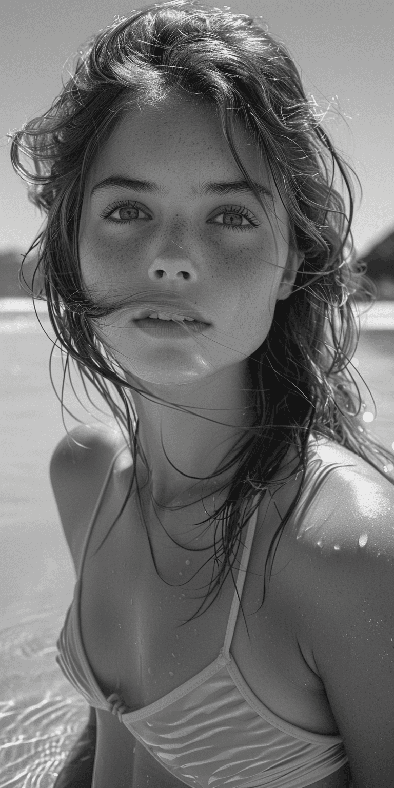 AI generated: close-up black and white photo of a woman in her early 20's at the beach, in the style of David LaCh...