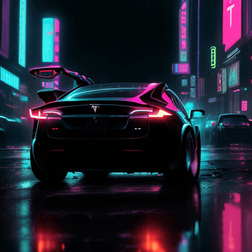 AI generated: a 2 8 mm closeup photo of a tesla tron neon back to the future car driving a on wet city street with...