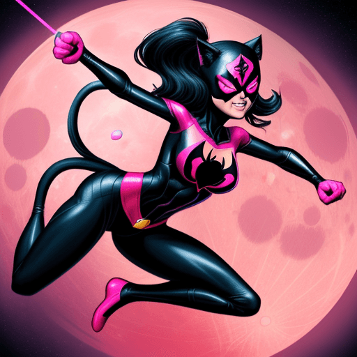 AI generated: spider cat-woman female superhero with a pink lazer whip,jumping in front of the moon.