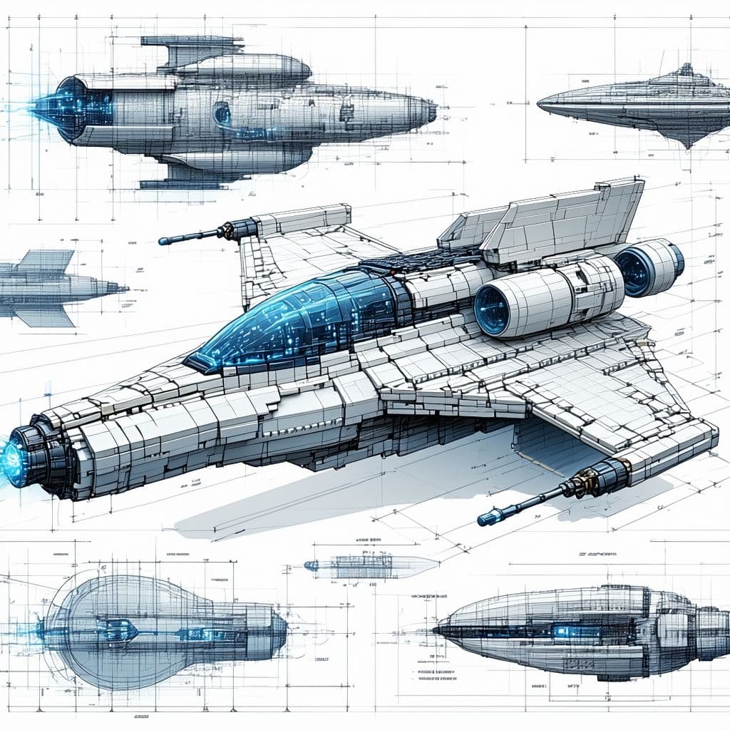 AI generated: sketches blueprint of futuristic sci-fi spacecraft, warp engines, built in the form of lego blocks
