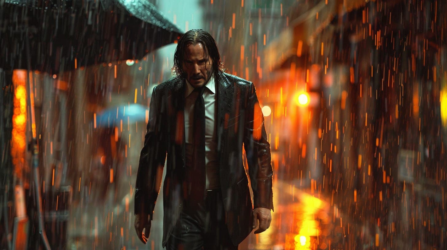 AI generated: medium close-up still of young Keanu Reeves as John Wick walking through the rain in a dark alley in...