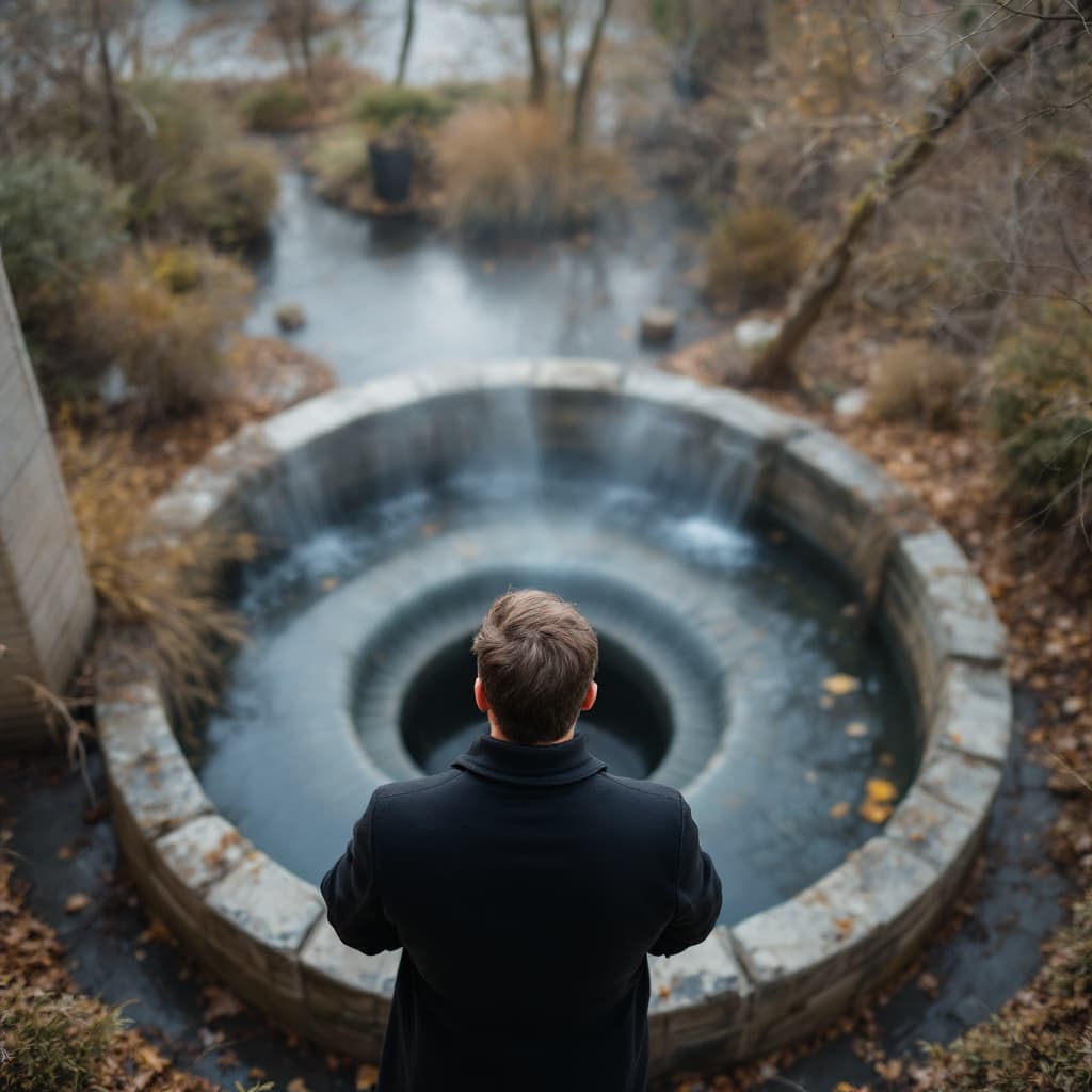 AI generated:  high definition camera shot from behind  - a man wearing black coat and viewing a well from above i...