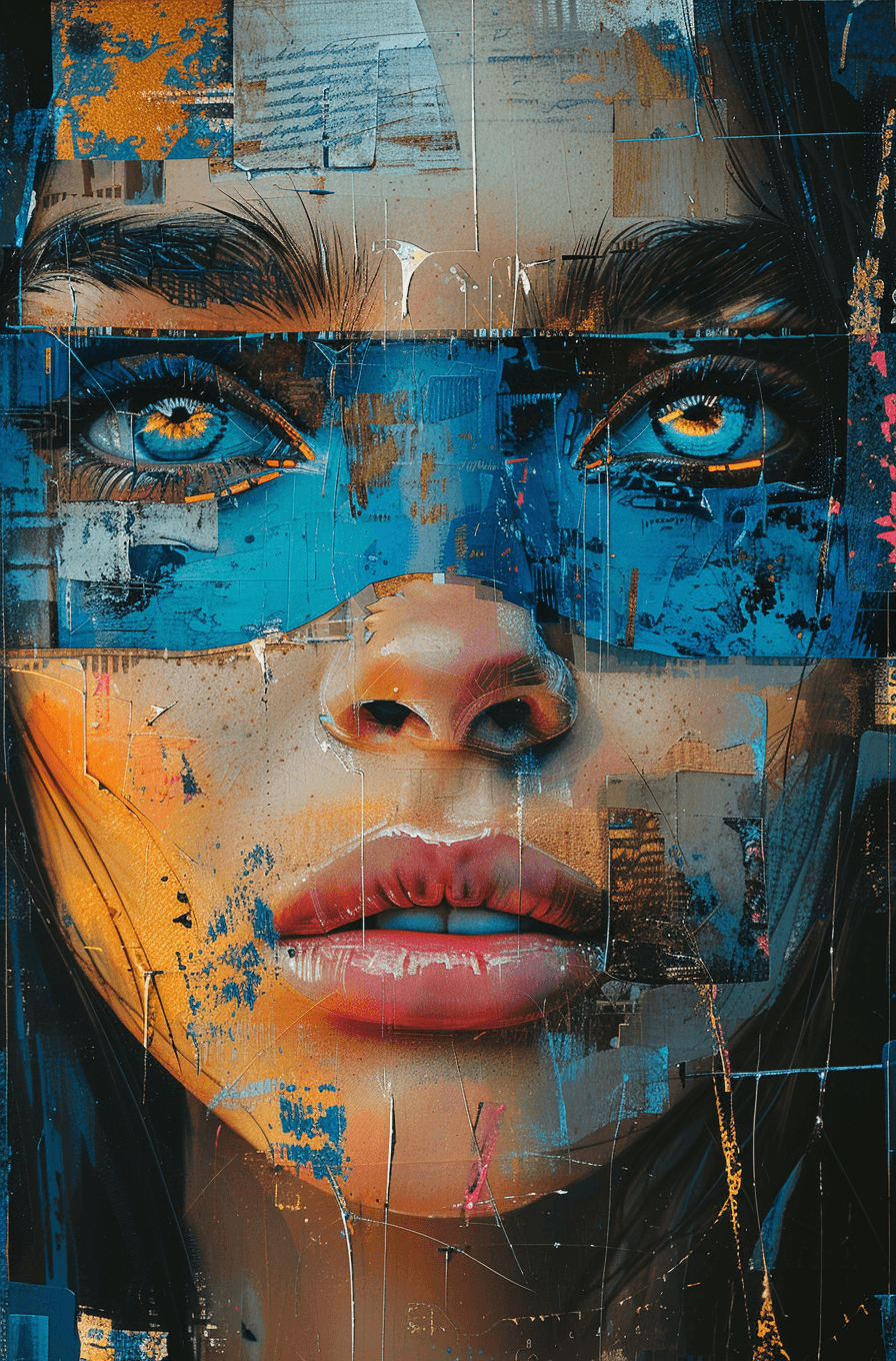 AI generated: print collage of a woman's face, in the style of josef kote, grunge beauty, dain yoon, cyan and blue...