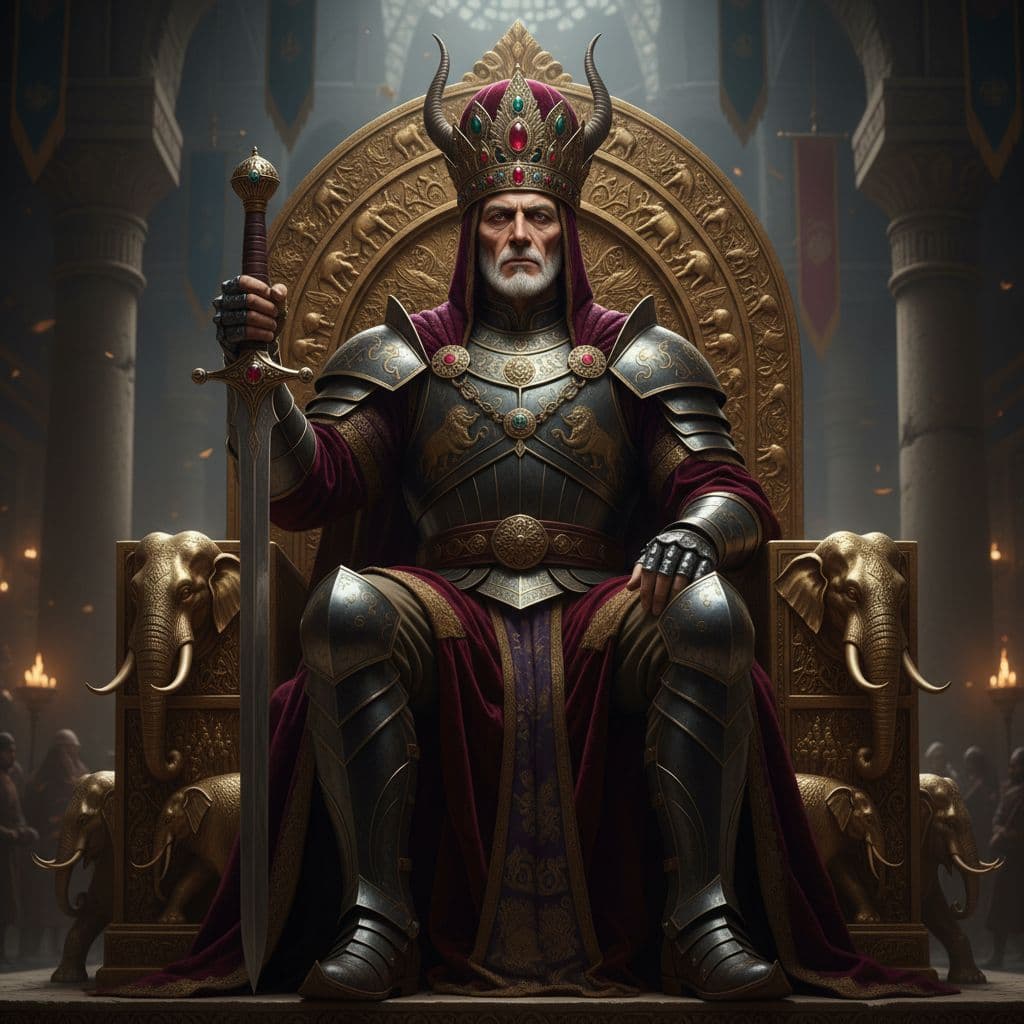 AI generated: An ultra-realistic, zoomed-out, front-facing, full-body portrait of King Abraha, the ruthless ruler ...