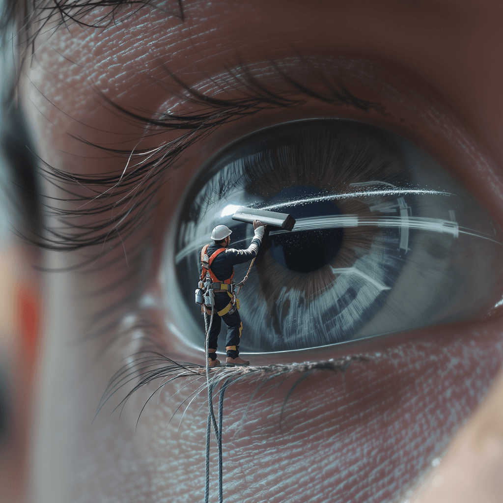 AI generated: A hyper-realistic scene of a tiny man dressed as a high-rise window cleaner, complete with a safety ...