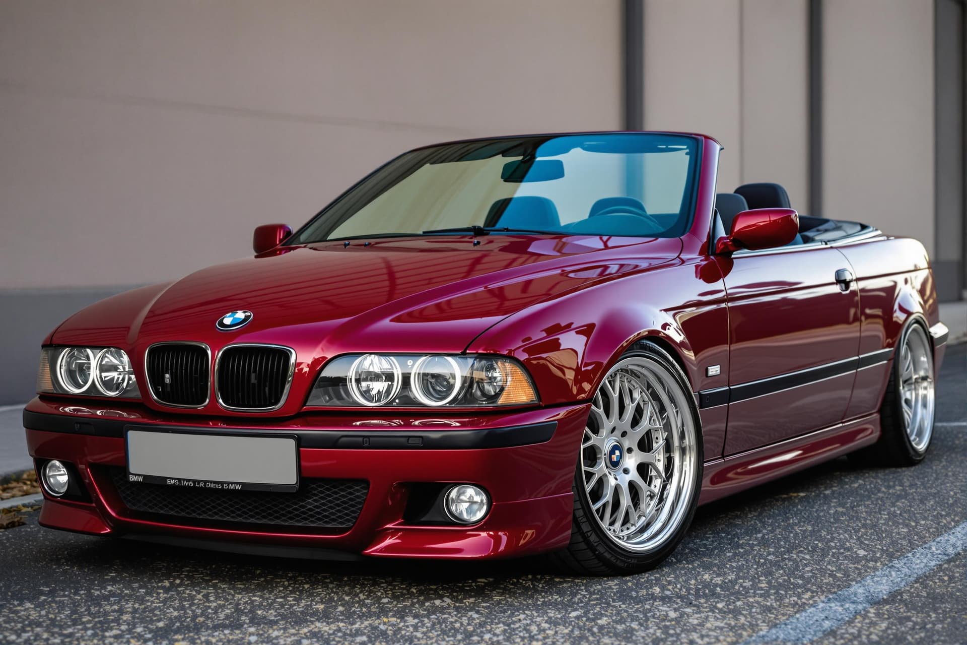 AI generated: dark red bmw e39 5-series convertible with BBS LM wheels, no license plate, cinematic, hyper realism...