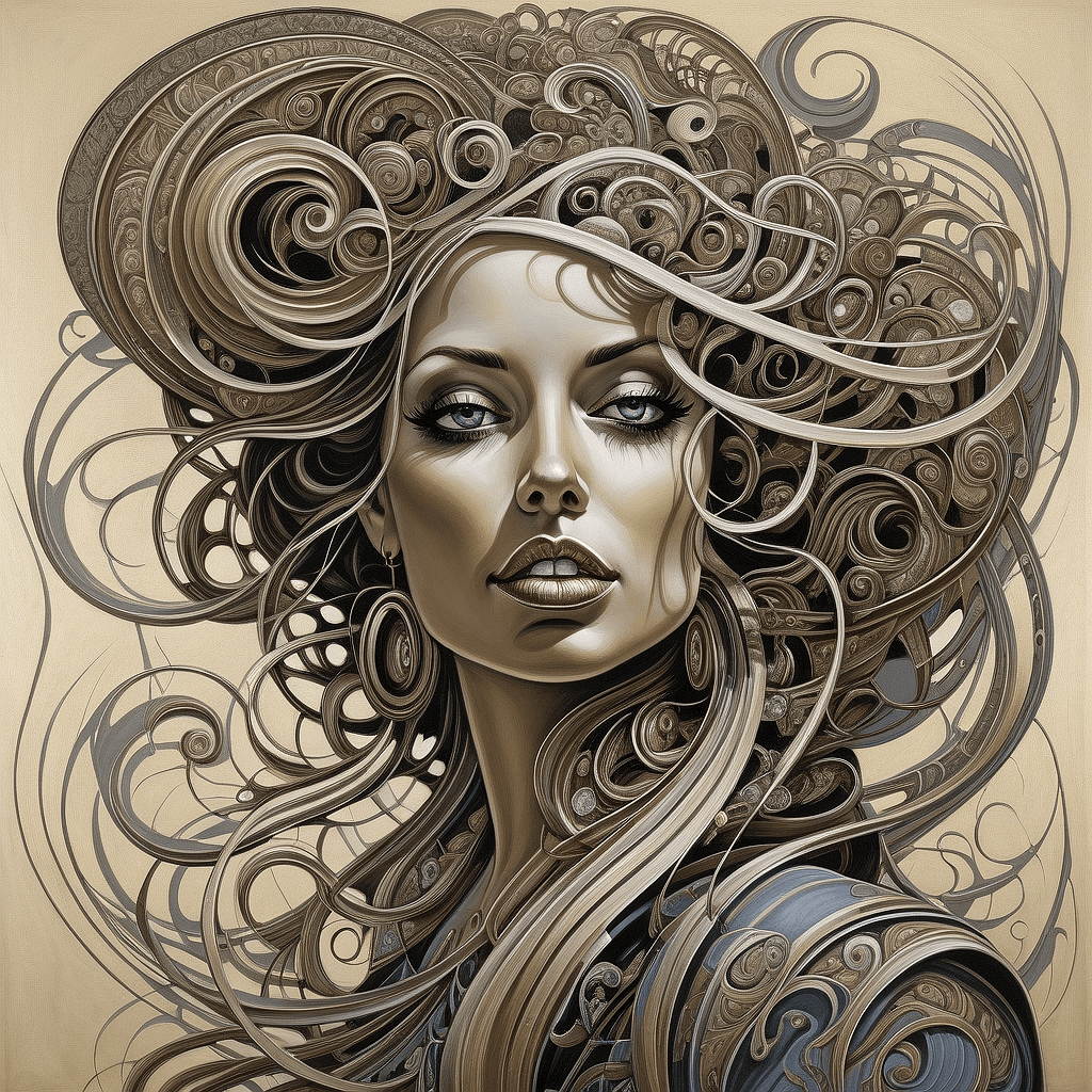 AI generated: A digital painting of a woman whose hairstyle is a fusion of her locks with Art Nouveau elements. Th...