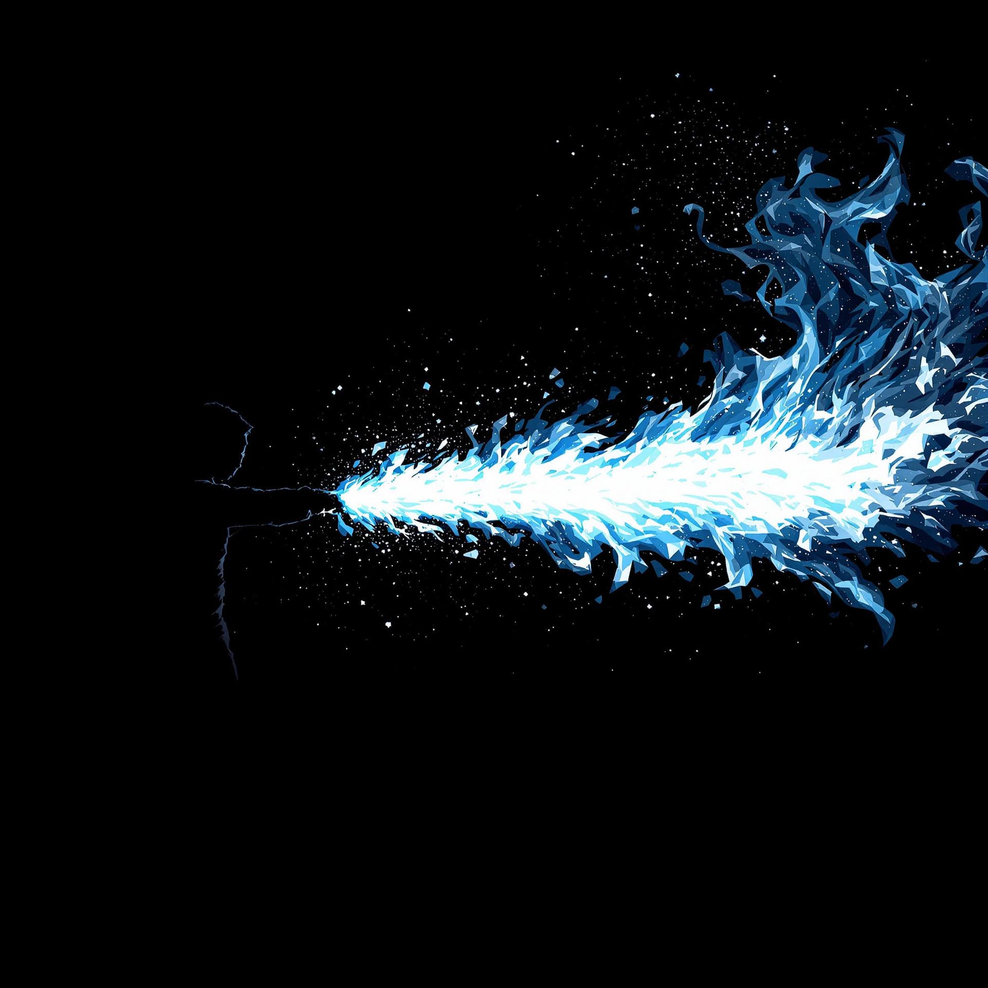 AI generated: Black silhouette of a man, sword swing pose, large lazure flame storm erupts from blade, dark backgr...