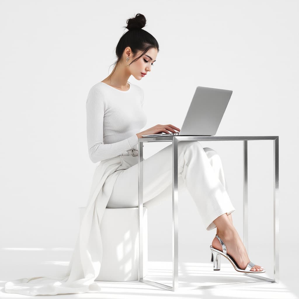 AI generated: create an image of a young Korean female model with black hair in a bun like Bella Hadid, captured i...