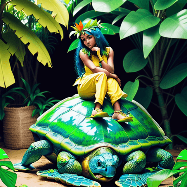 AI generated: Beautiful island girl in a yellow outfit wearing a green crown, sitting on a giant blue turtle, unde...