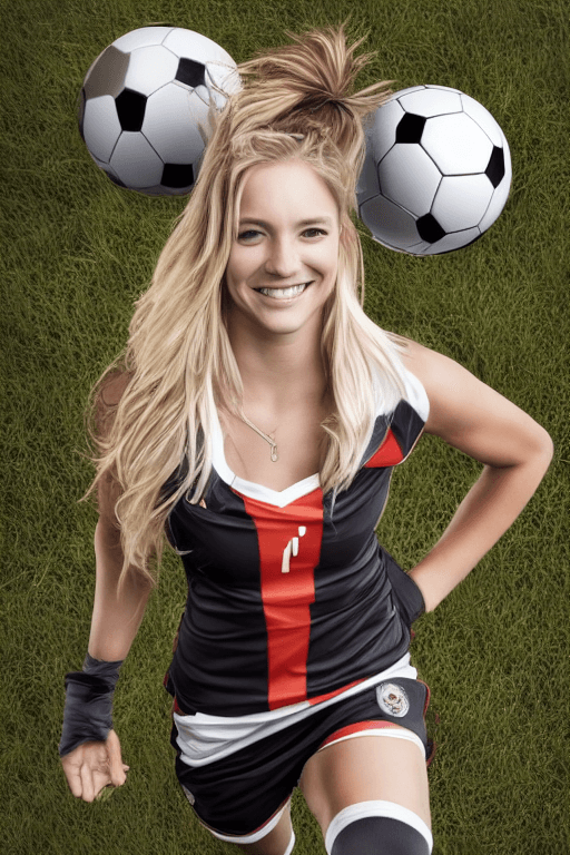 AI generated: action packed, female dressed as soccer player, soccer ball, smiling, lingerie, football pitch in ba...