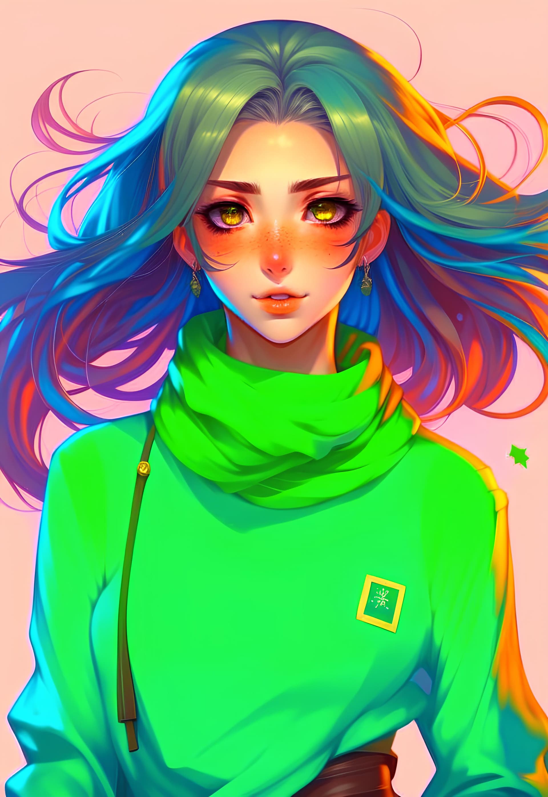 AI generated: 1girl, floting hair, green hair, (Long hair), Green eyes, sleeveless turtleneck, jewelries, sweater,...