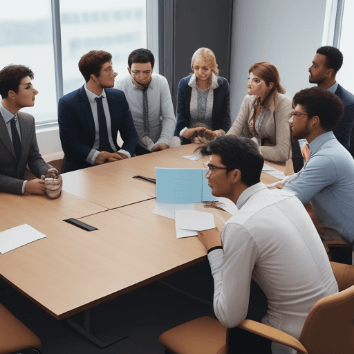 AI generated: The group members are meeting around a table in the meeting room, each participant is dressed in cla...