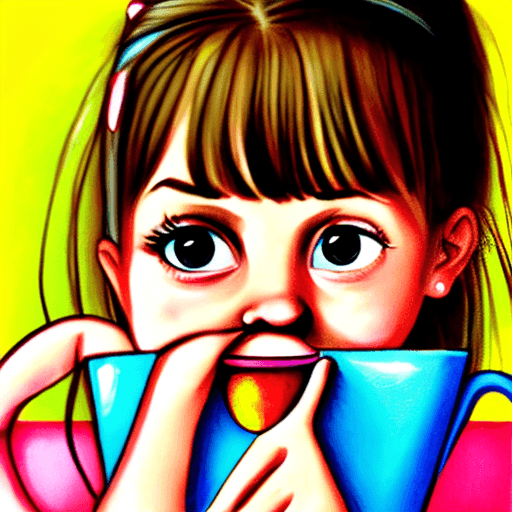 AI generated: puzzled girl - an upsidedown cup in her hand; style: cartoon