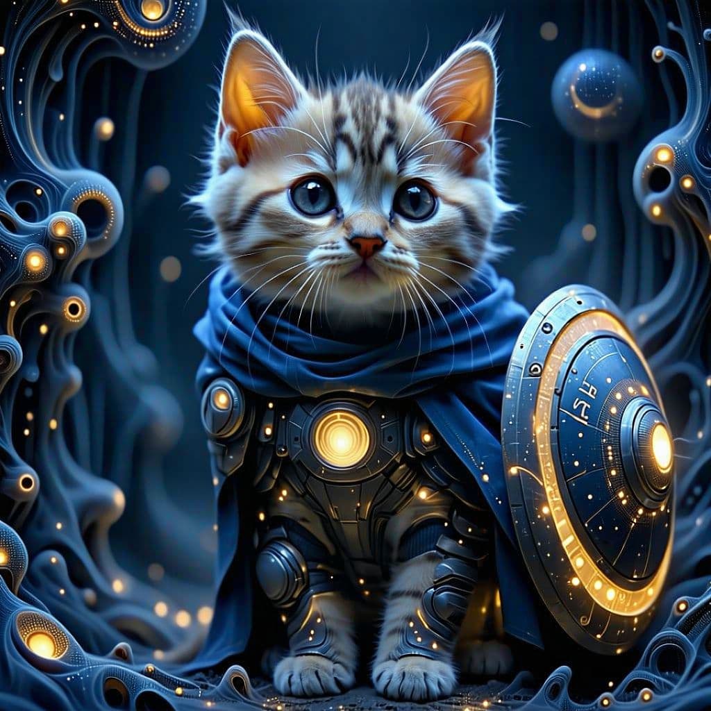 AI generated: Create a funny, fractal-based artwork featuring a photorealistic ScottishFold kitten as the guardian...