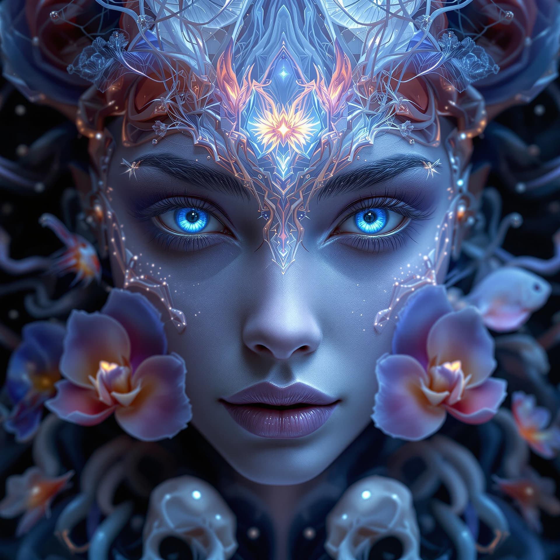 AI generated: Goddess close-up portrait ribcagel. jellyfish phoenix head, nautilus, orchid, skull, betta fish, bio...