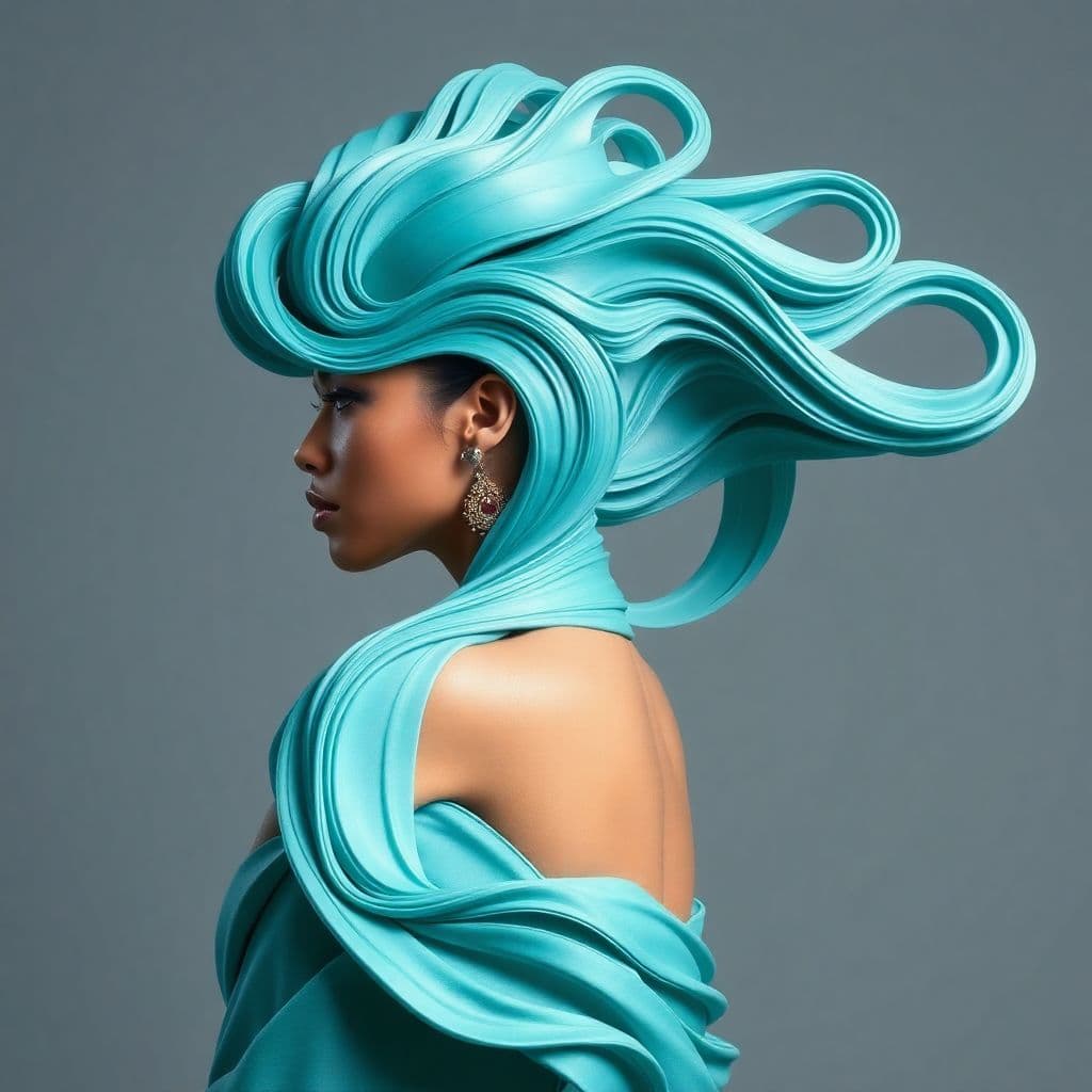 AI generated:  an image of a person with a flowing, sculptural hairstyle and garment that echo the movement of wat...