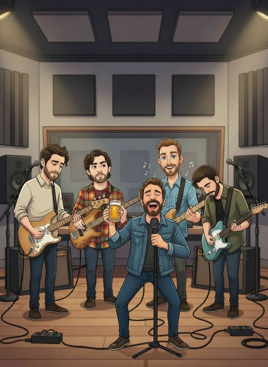 AI generated: "Add the new character from the input image to the existing group illustration as the LEAD SINGER.
...