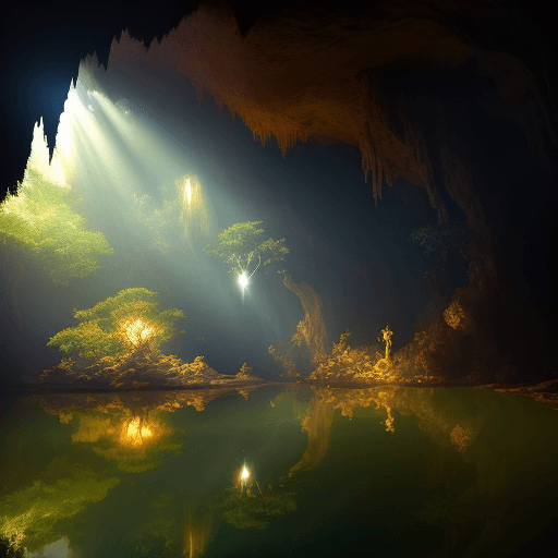 AI generated:  beautiful fairy tale tree in a cave, stunning lighting, phraya nakhon cave, stunning, magic, reflec...