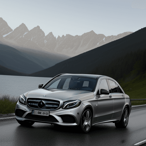 AI generated: mercedese car on the road infrnt of lake