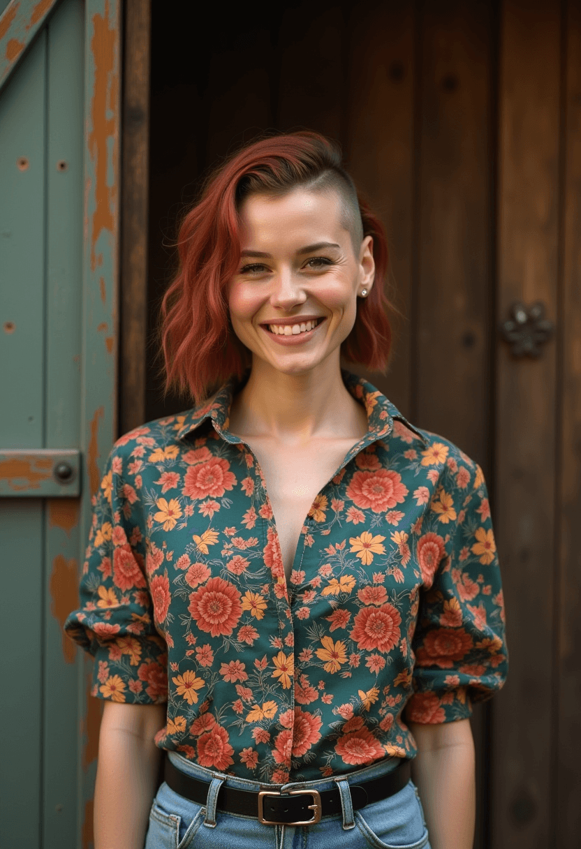 AI generated: cinematic photo woman with shaved sides hair, auburn highlights, standing outside in front of a wood...
