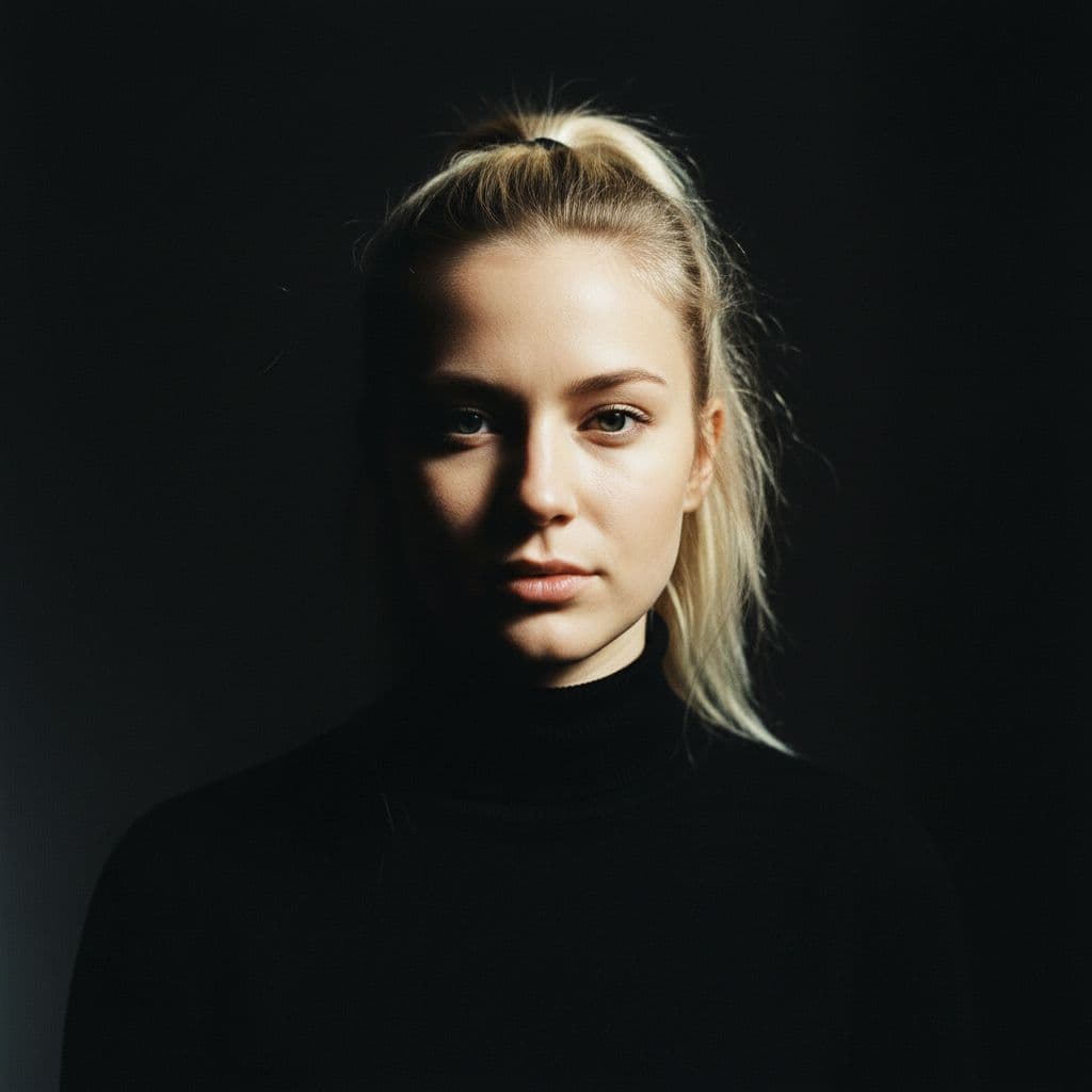 AI generated: Headshot portrait of a young blonde woman with a ponytail, wearing a black turtleneck sweater, looki...