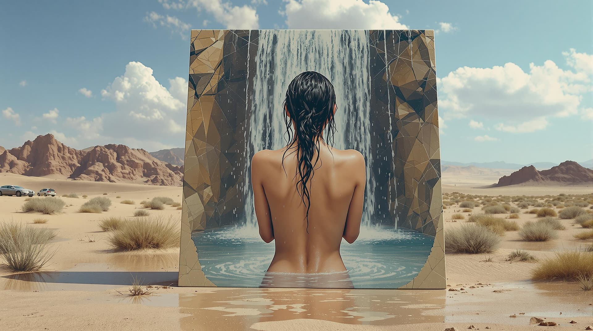 AI generated: surrealism painting 3d scenery, in the middle of the desert, a giant canvas displays a stunningly re...