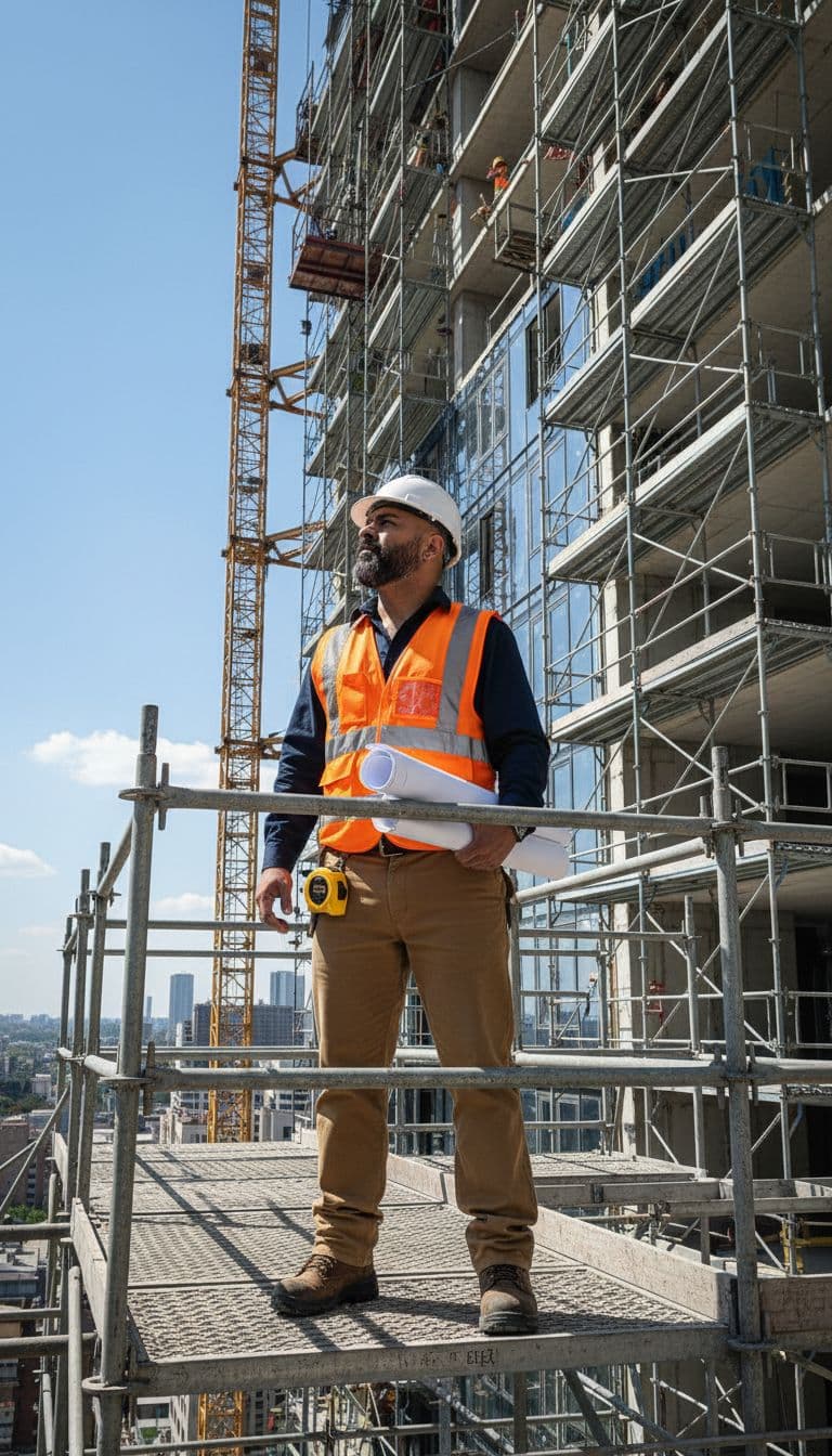 AI generated: Subject: A focused late-20s man. Clothing: Clean white construction helmet, fluorescent safety vest ...
