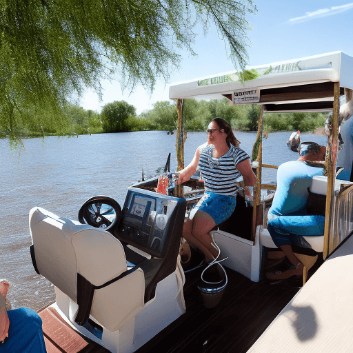AI generated: pontoon boat on the Colorado river in Parker, az pulling up to a dock like cocktail bar called the r...