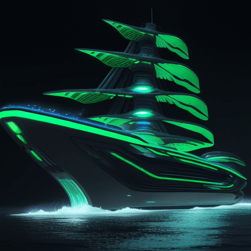 AI generated: A sleek, alien patrol ship with an organic, flowing design. The hull is iridescent green, covered in...