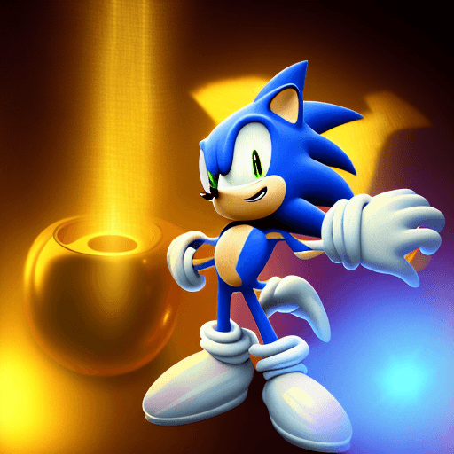 AI generated: Sonic glowing bright gold floating as he looks at the camera, fists clenched and eyes glowing red wi...