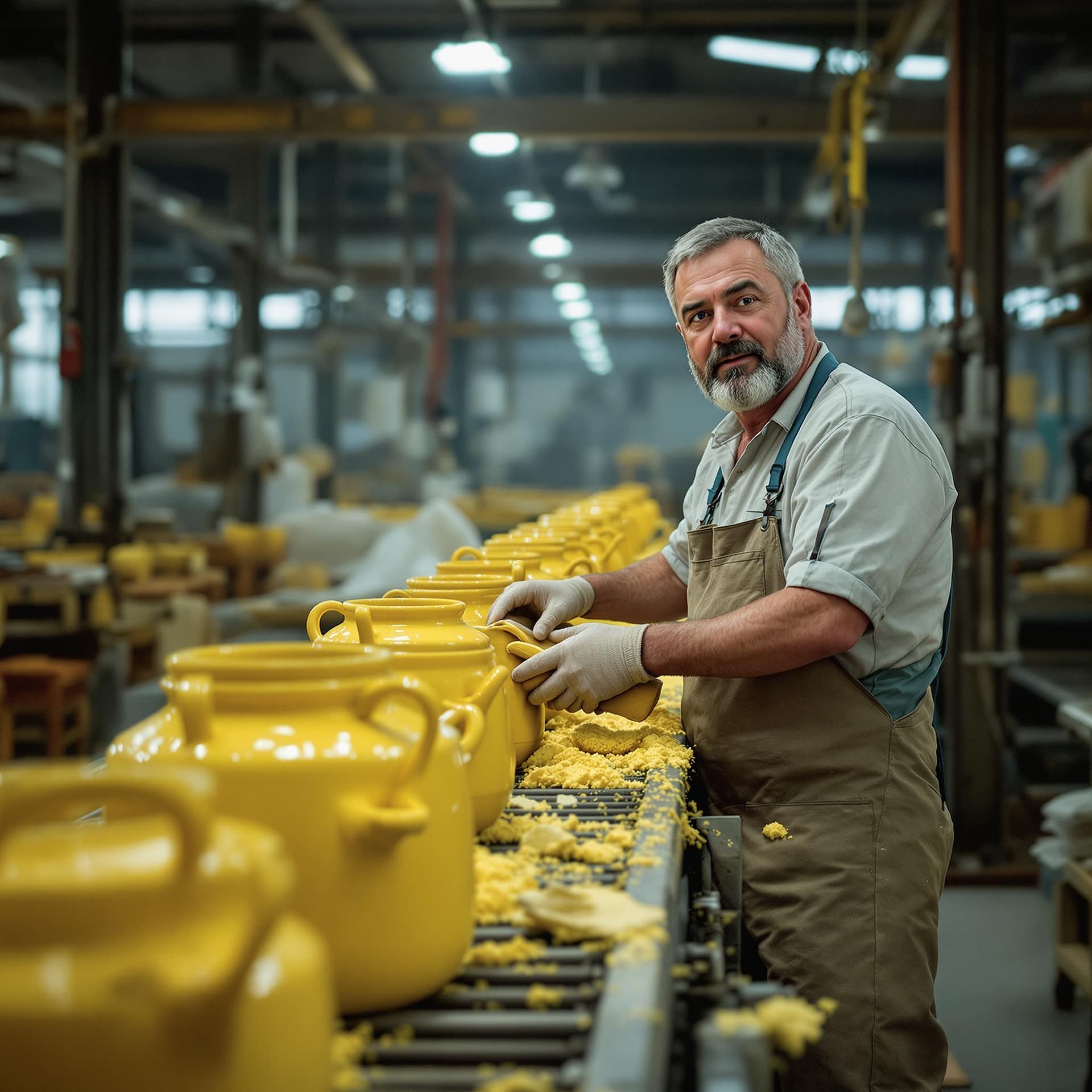 AI generated: In the photo, a factory worker in the workshop stands at the conveyor along which chamber pots with ...