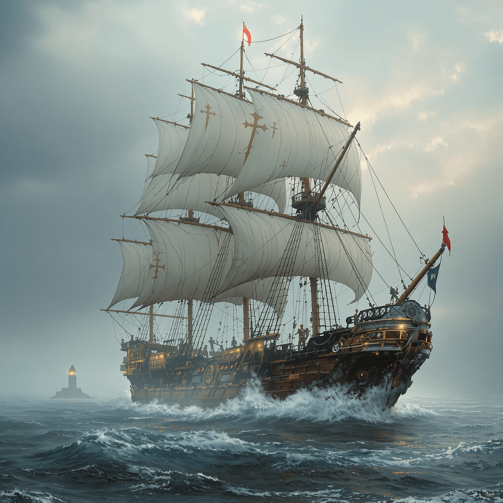 AI generated: Imagine a rusty tall ship, ghostly as it sails through(( thick sea fog ))in the style of the legenda...