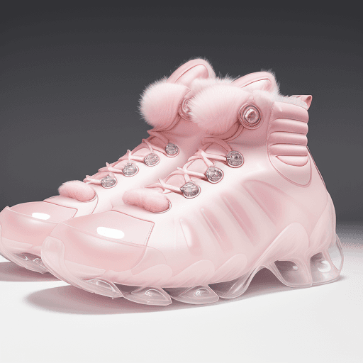 AI generated: Fashion shoot, Jacquemus and moncler collaboration: light pink translucent fur sneakers, hyper-reali...