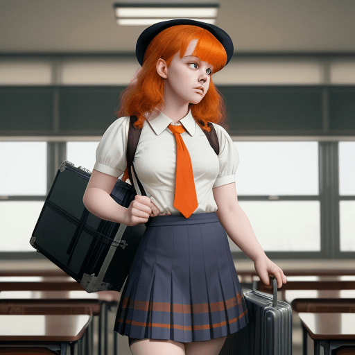 AI generated: masterpiece, mid shot, arafly dressed woman with orange hair and a suitcase, a portrait inspired by ...