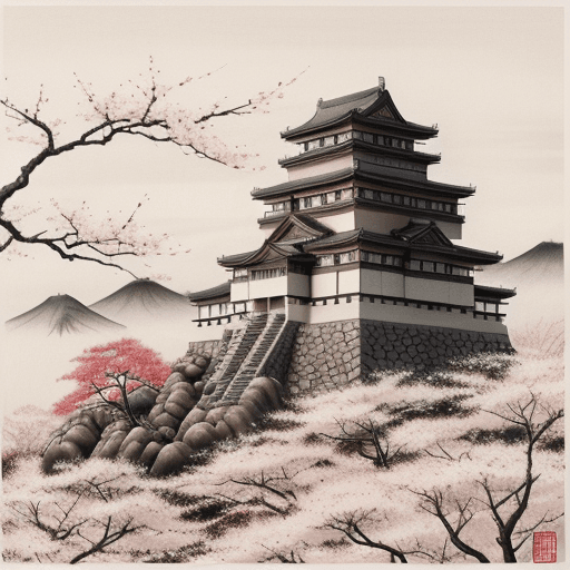 AI generated: In the foreground lonely sakura on a hill, in the background a Japanese castle, black and red, scrol...