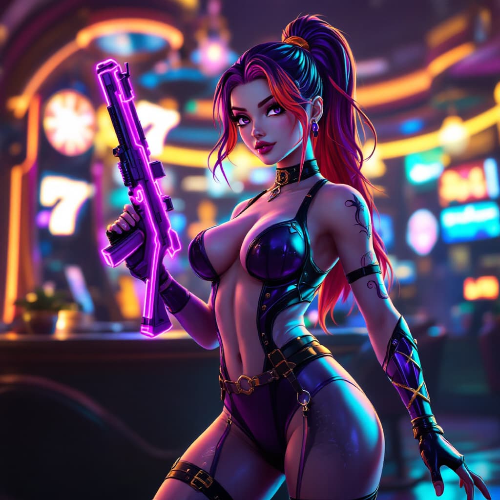AI generated: Fortnite skin, fortnite battle royal, fortnite action scene, white skin girl wearing body suite hold...